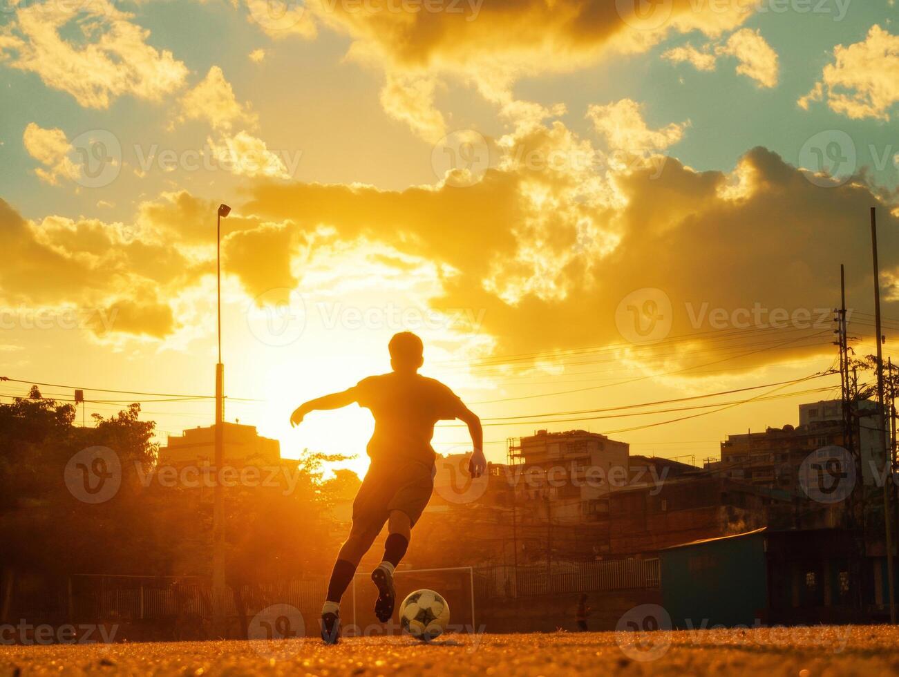 Silhouetted player dribbles soccer ball at sunset on urban field photo