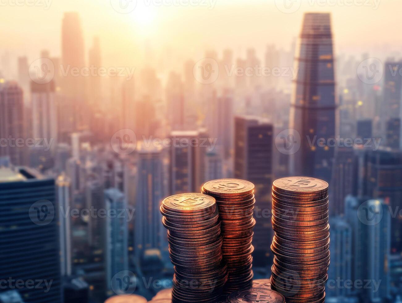 Urban skyline with stacks of coins at sunset showing wealth and growth photo