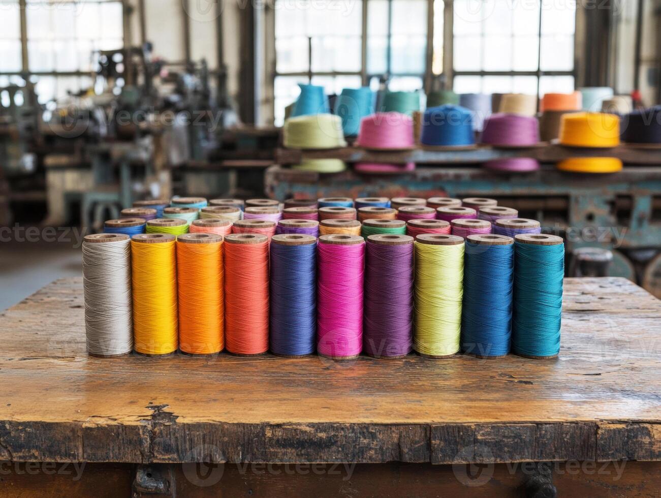 Colorful spools of thread arranged on a wooden table in a workshop photo