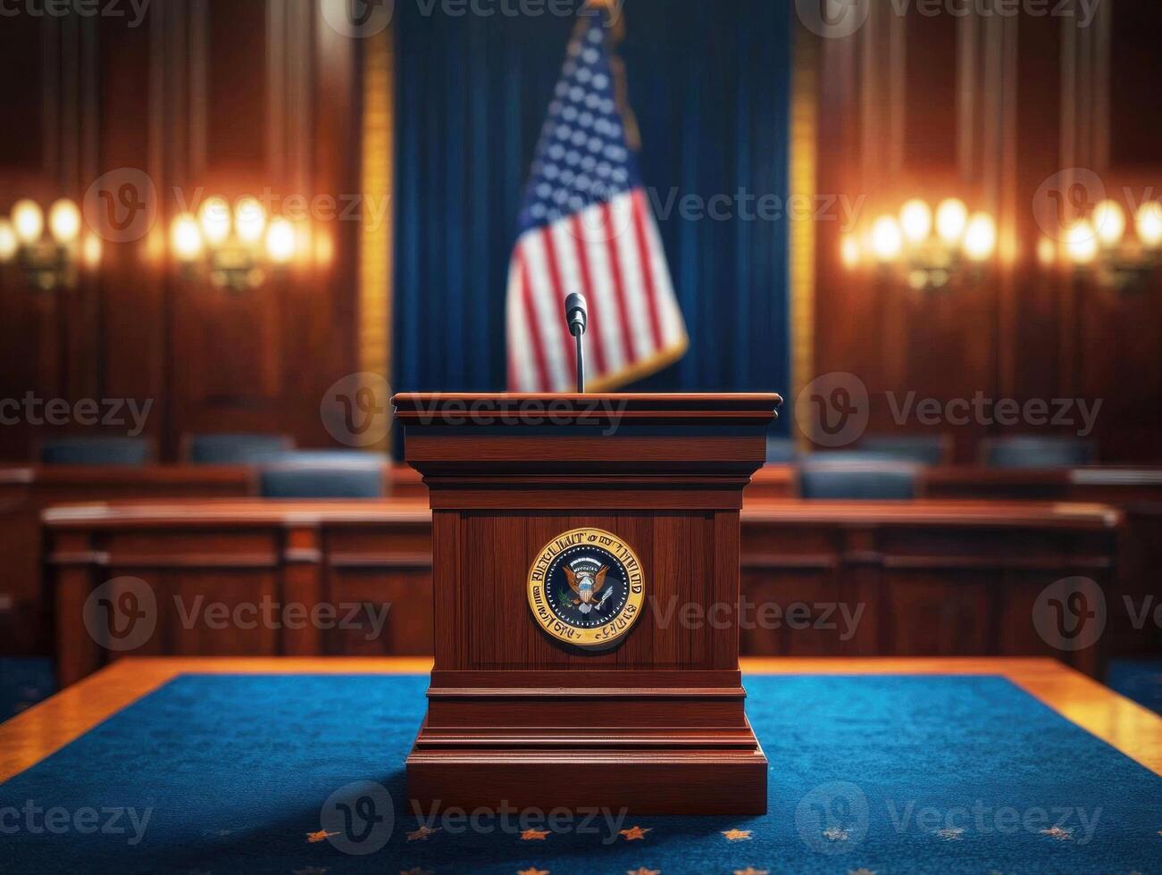 Presidential podium in a formal setting with U.S. flag displayed photo