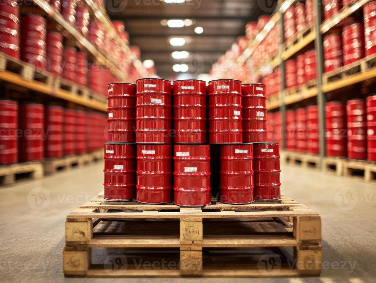 Red barrels stacked on wooden pallets in a warehouse space photo