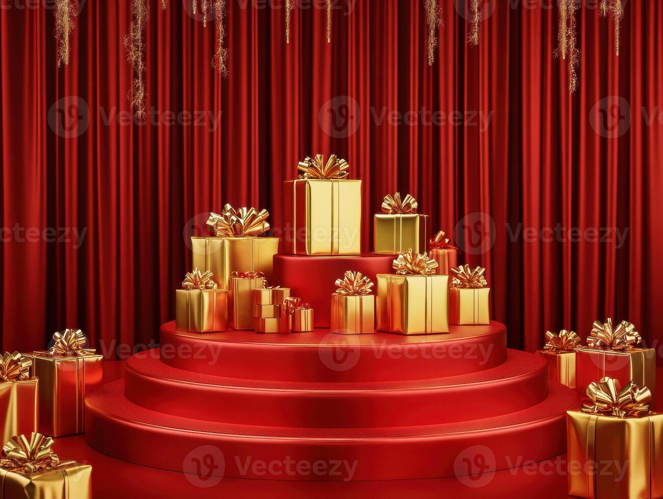 Festive display of golden gifts on red stage for celebration photo