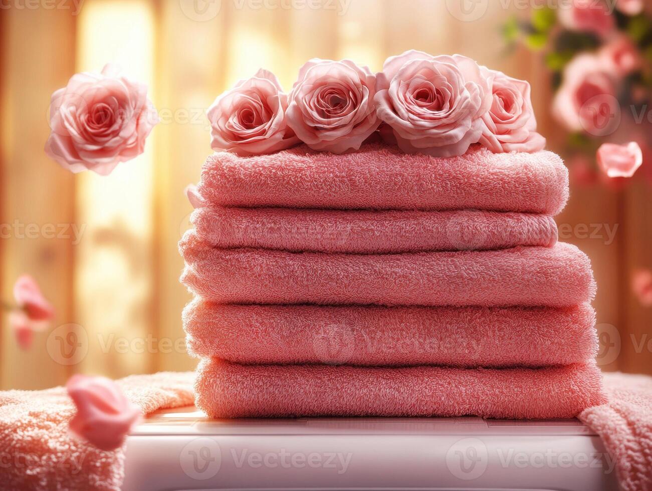 Pink towels neatly stacked with roses in a serene setting photo