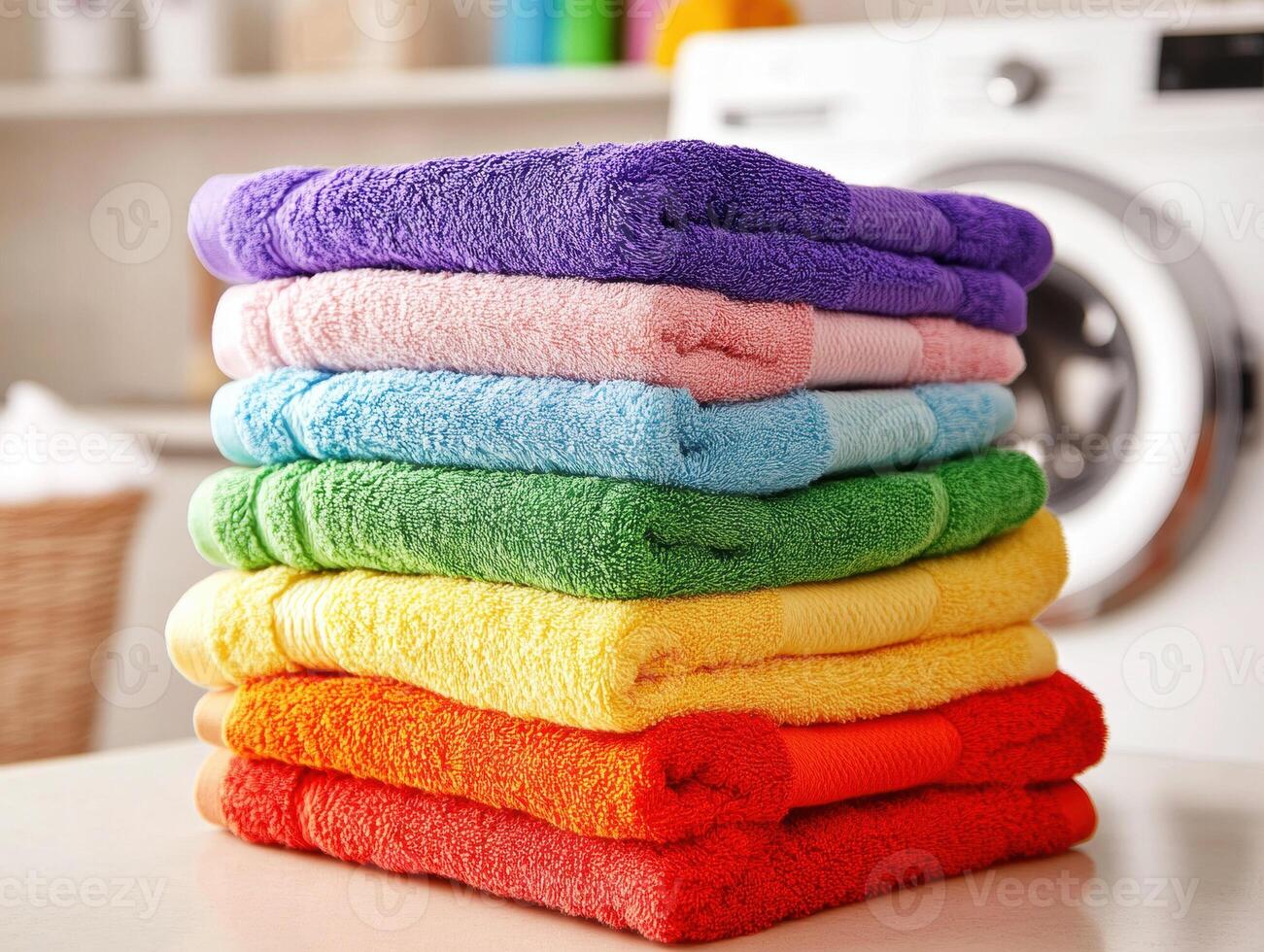Freshly folded towels in vibrant colors stacked neatly on a table photo