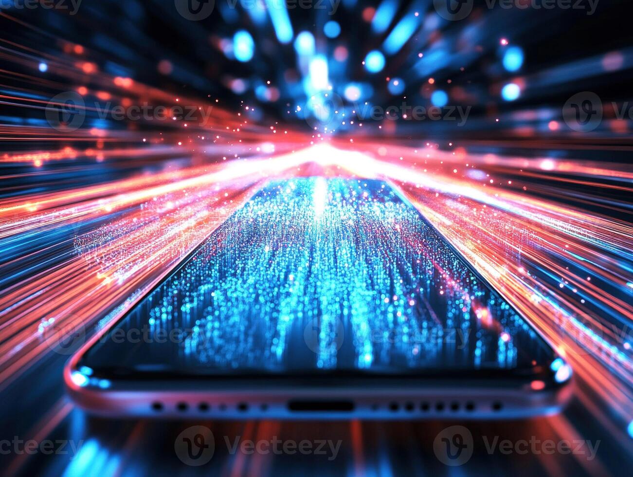 Digital transformation of mobile technology with vibrant data flow photo