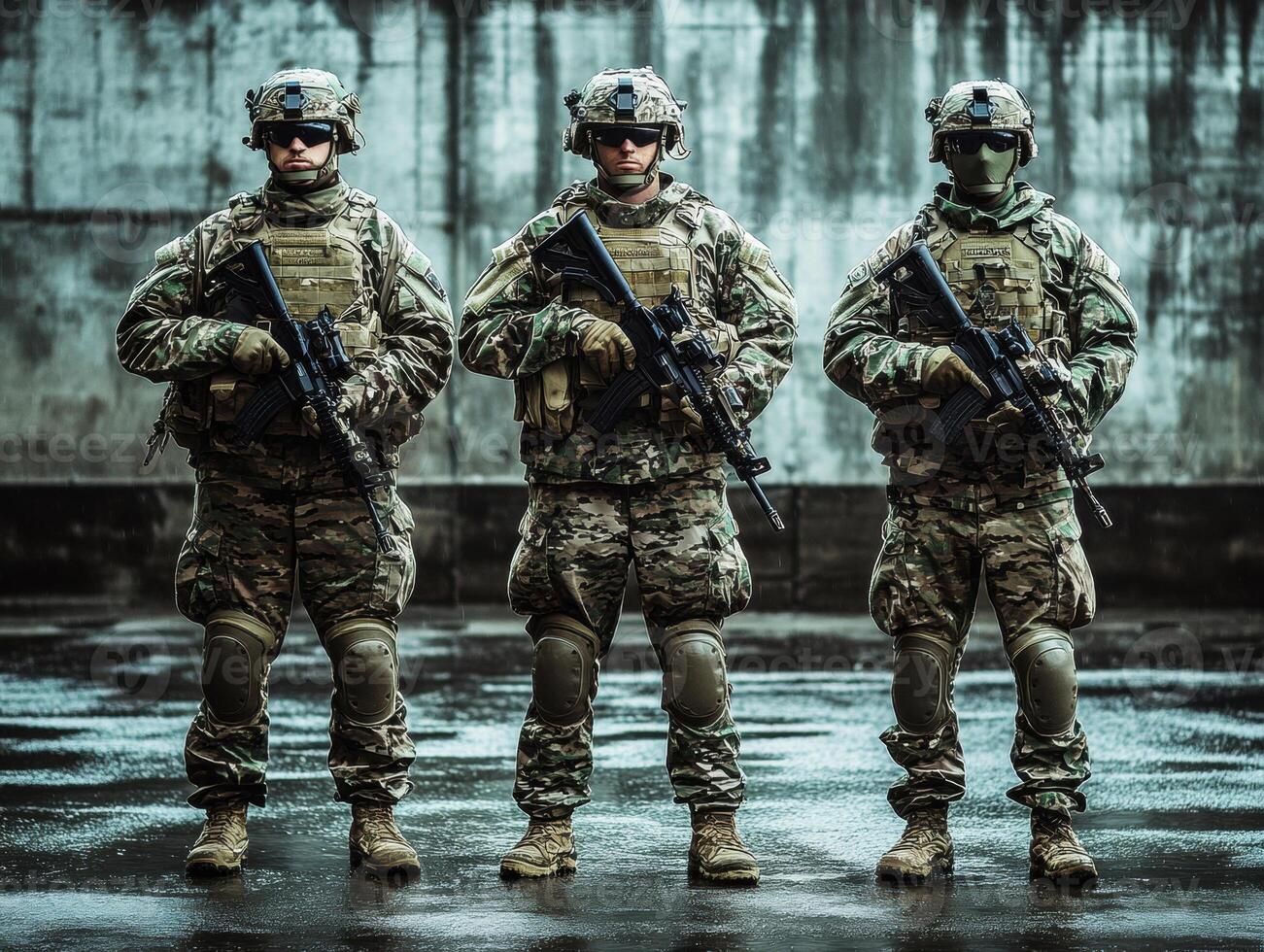 Soldiers in tactical gear stand guard during training exercise photo