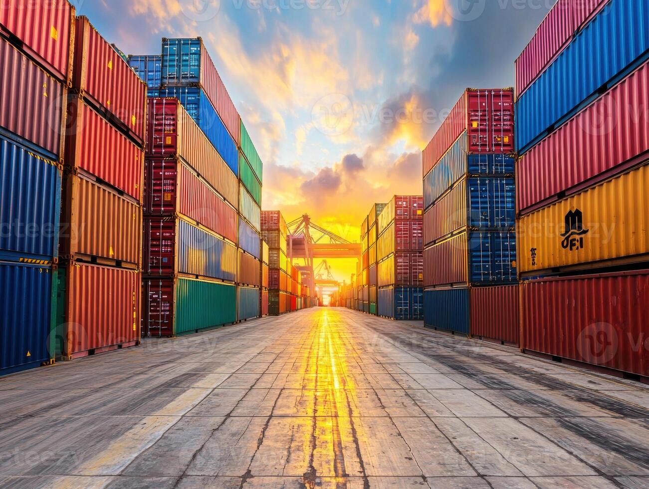 Sunset view of cargo containers at a busy shipping yard photo