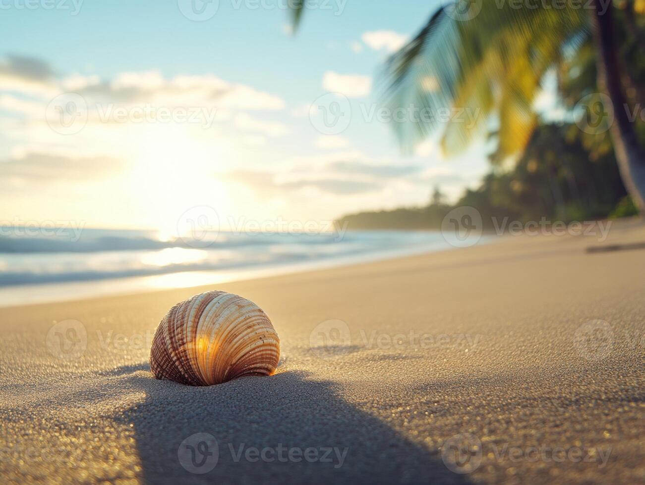 Shell on sandy beach during sunset near palm trees photo