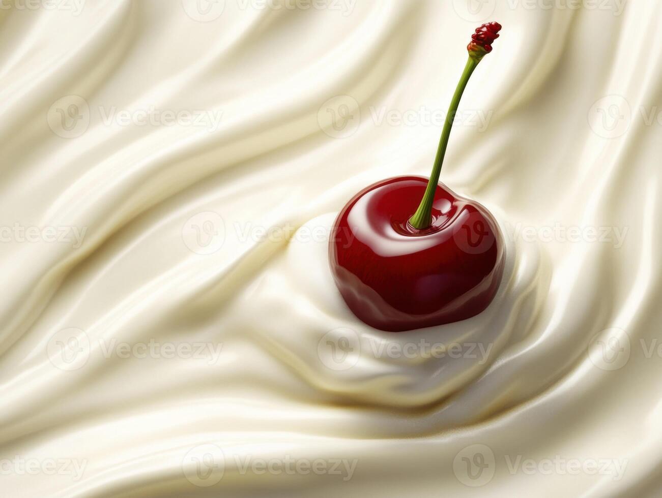 Creamy dessert swirl with a single cherry on top photo