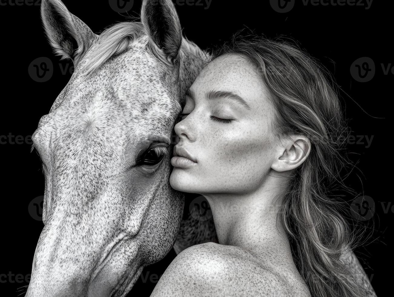 Embracing the bond between human and horse in black and white photo