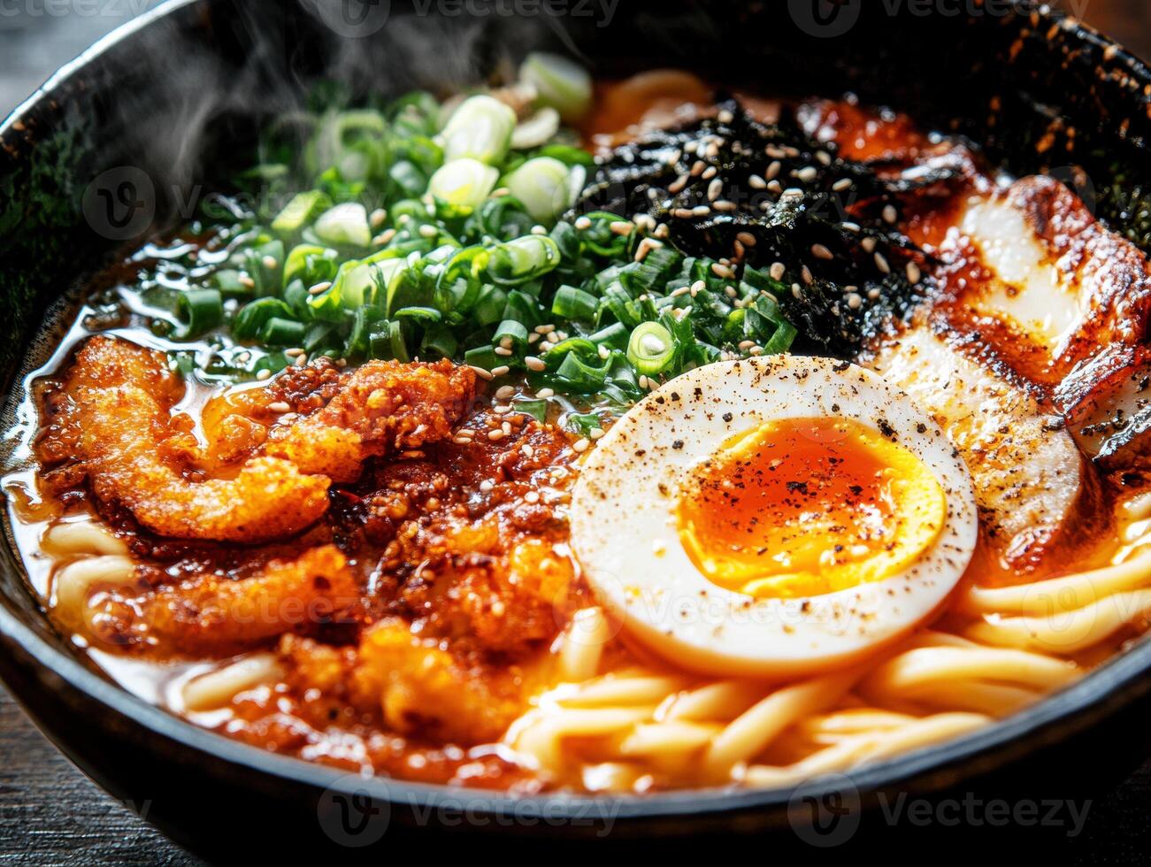 Delicious bowl of ramen with toppings served in a cozy restaurant photo