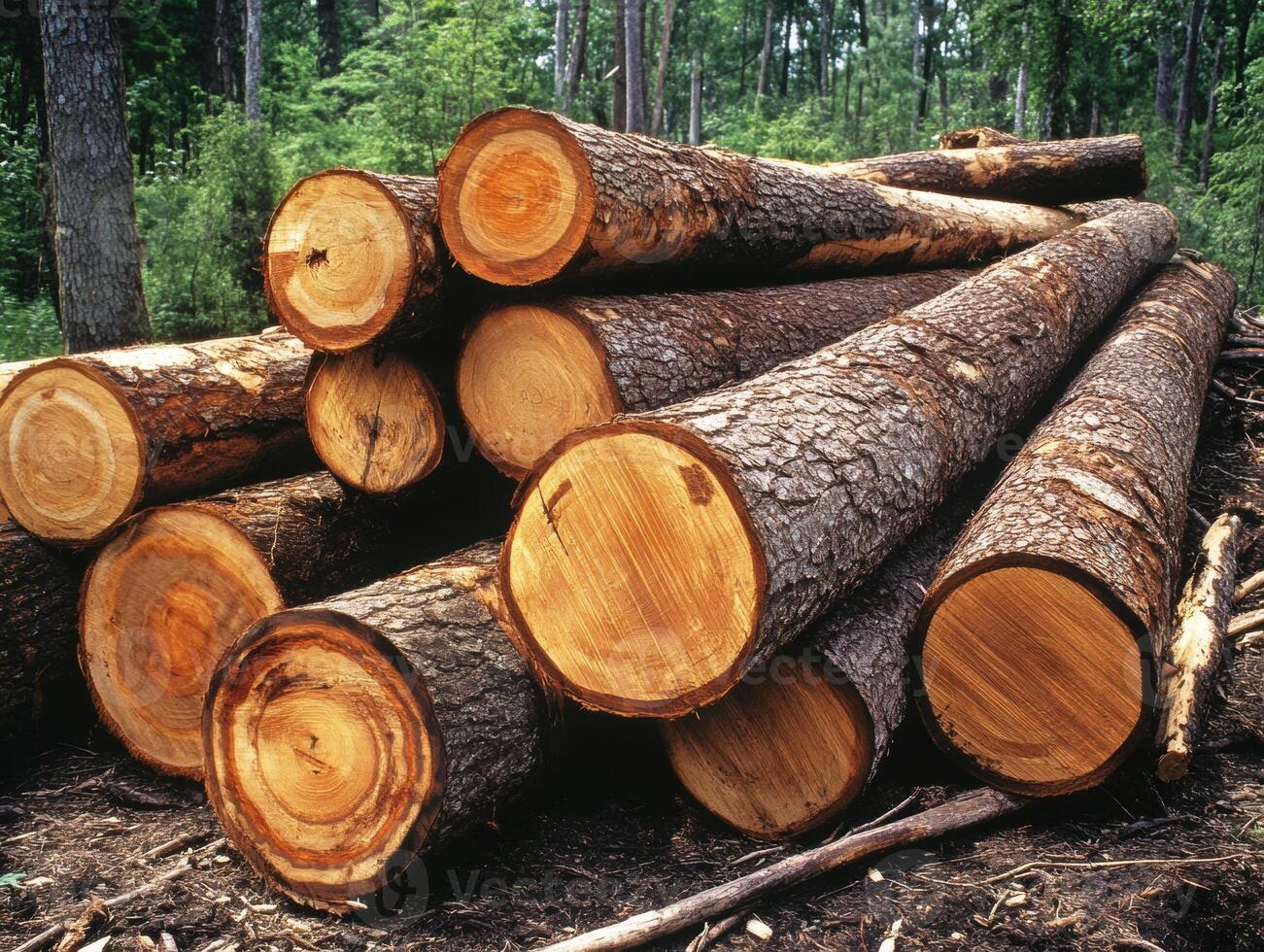Log pile in a forest setting during daylight hours photo
