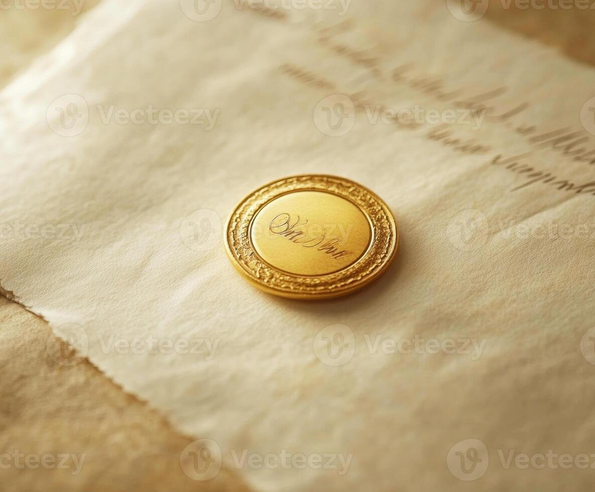 Elegant gold seal resting on parchment with vintage aesthetics photo