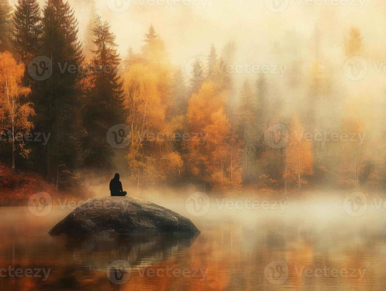 Serenity in nature with a person meditating by a foggy lake photo