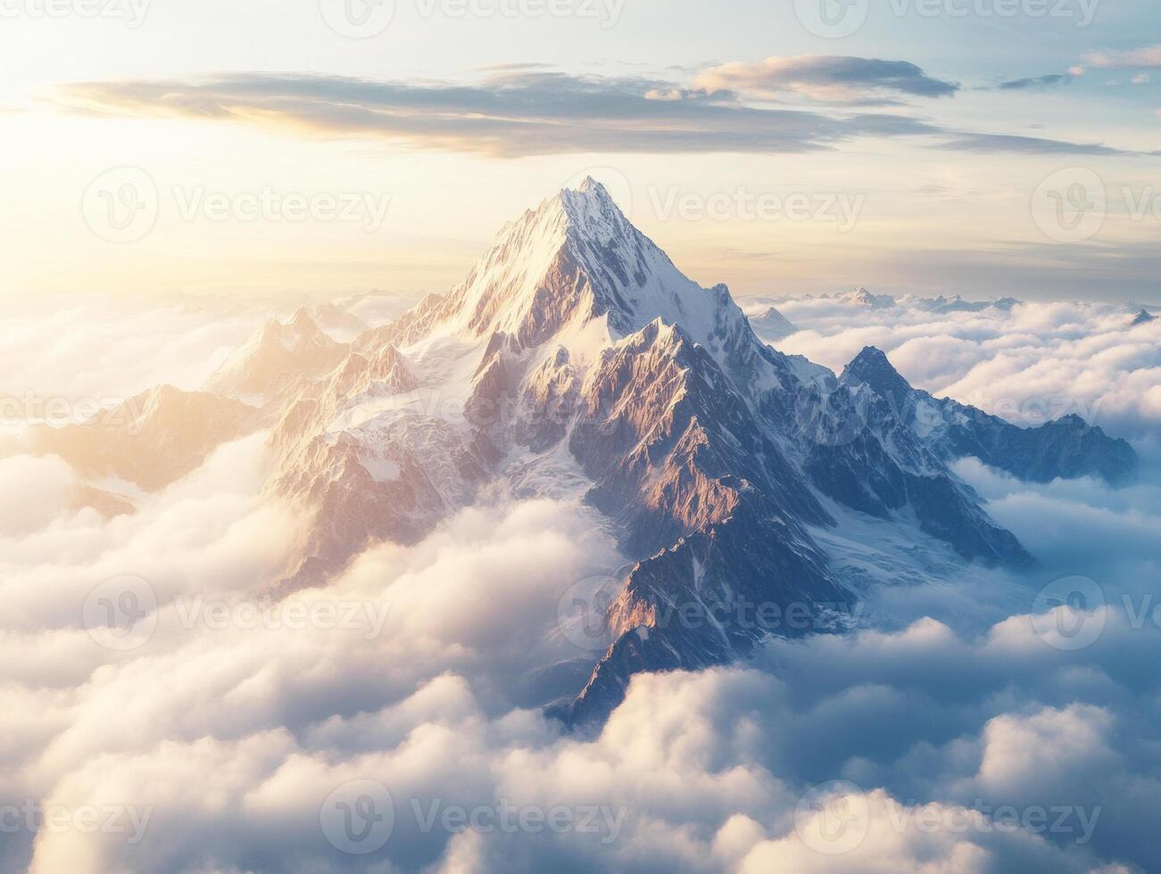 Majestic mountain peak rises above a sea of clouds at sunrise photo