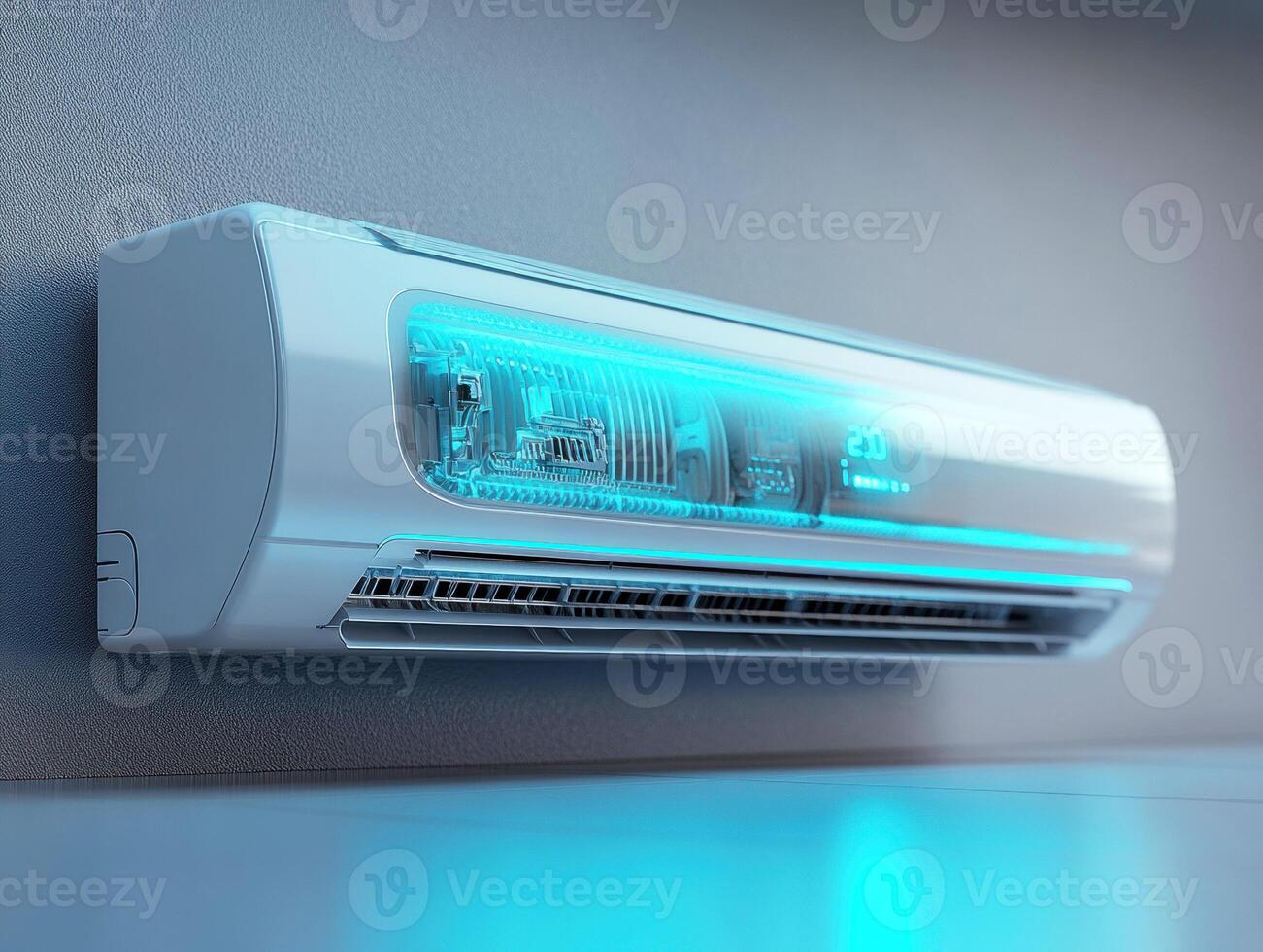 Modern air conditioning unit with blue lighting in a room photo