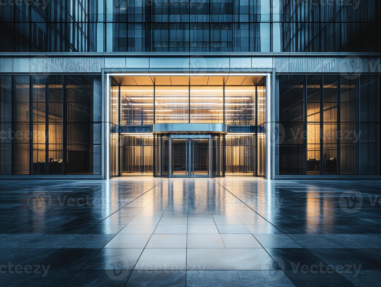 Modern glass building entrance with illuminated lobby at night photo
