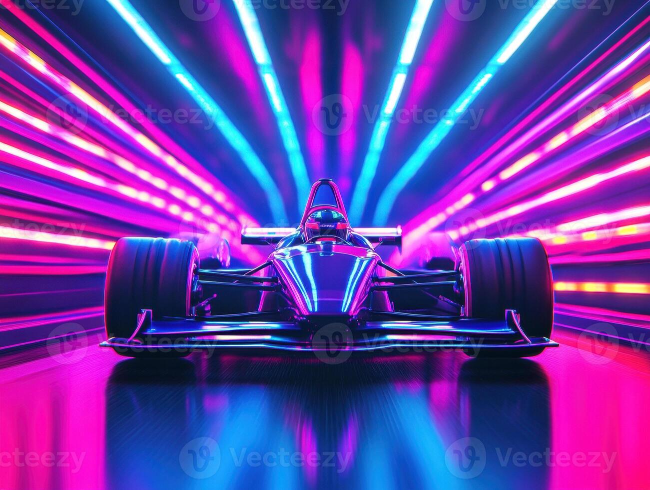 Bright neon lights illuminate a racing car in dynamic motion photo