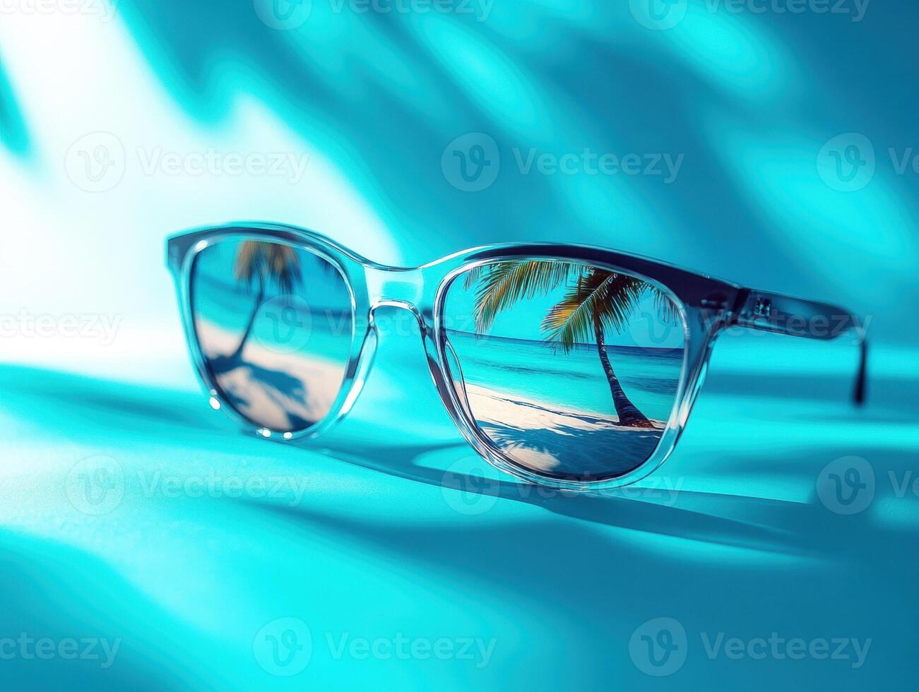Sunglasses showcase beautiful beach view with palm trees photo