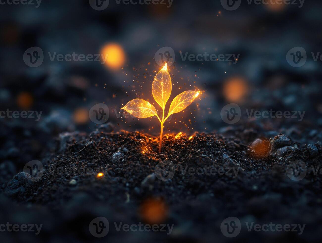 New plant sprouts glowing in rich soil during twilight hours photo