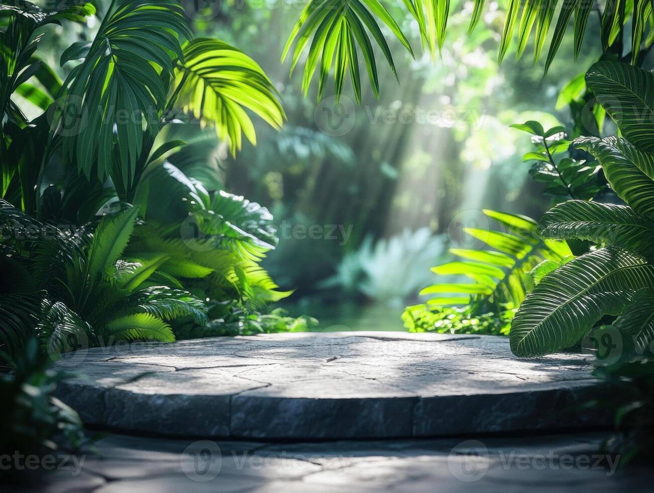 Sunlight filters through lush greenery in a tranquil garden setting photo