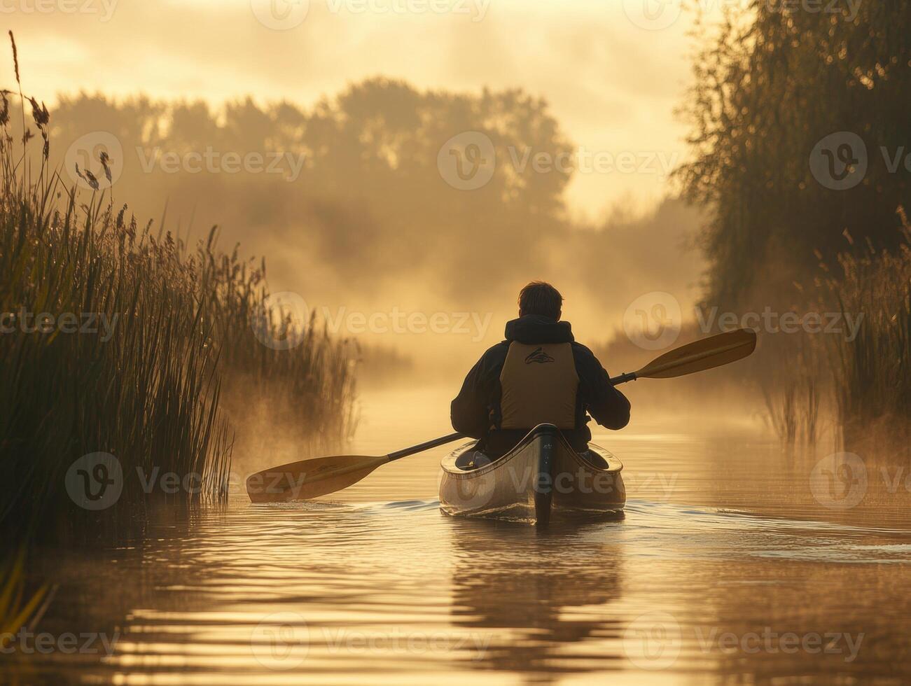 Kayaking at dawn in a misty waterway photo