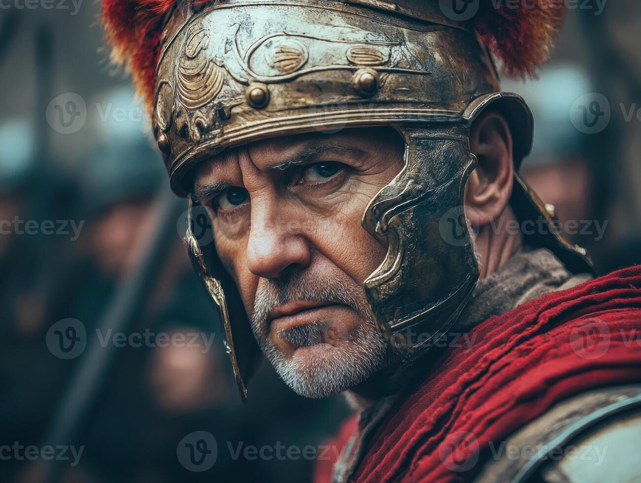 Roman soldier in battle-ready stance during ancient reenactment event photo