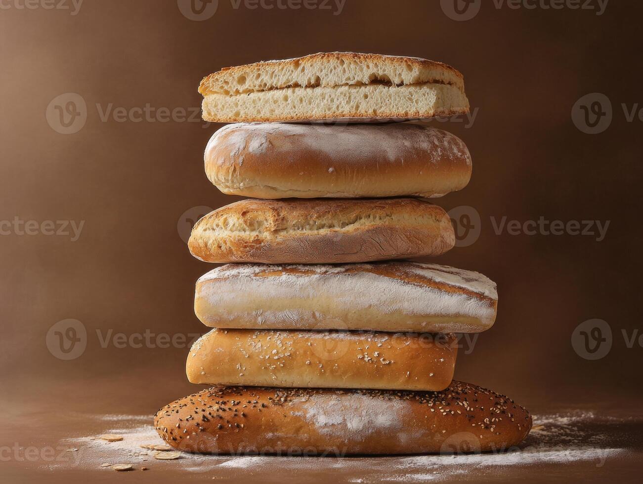 Different types of bread stacked aesthetically on a brown background photo