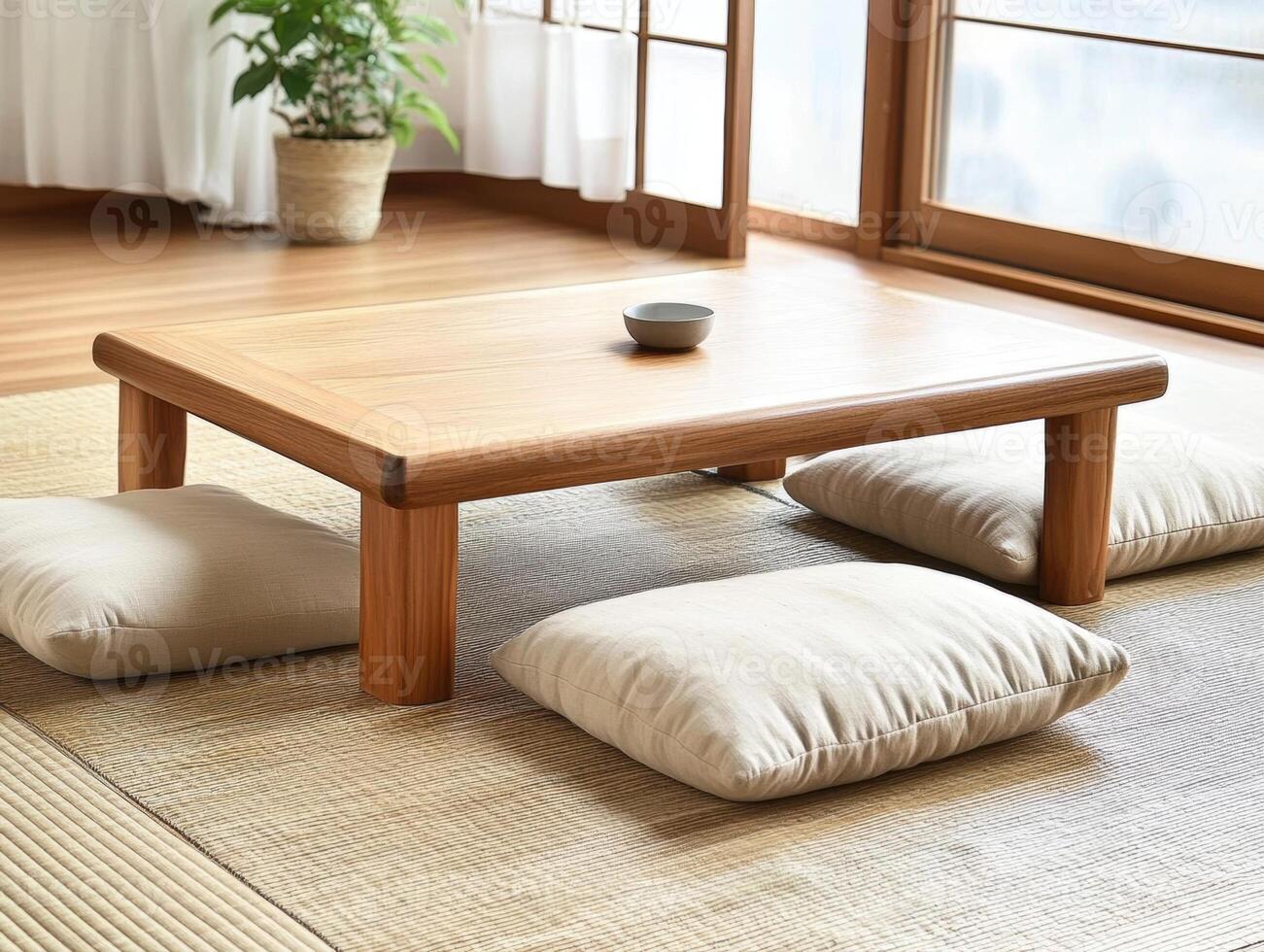 Traditional low table with cushions in a tranquil indoor setting photo