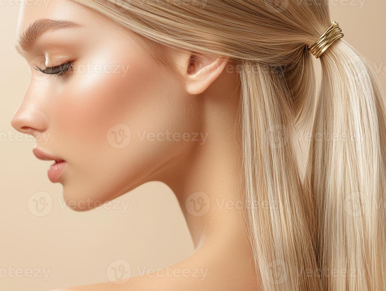 Captivating profile of a model with sleek blond hair photo