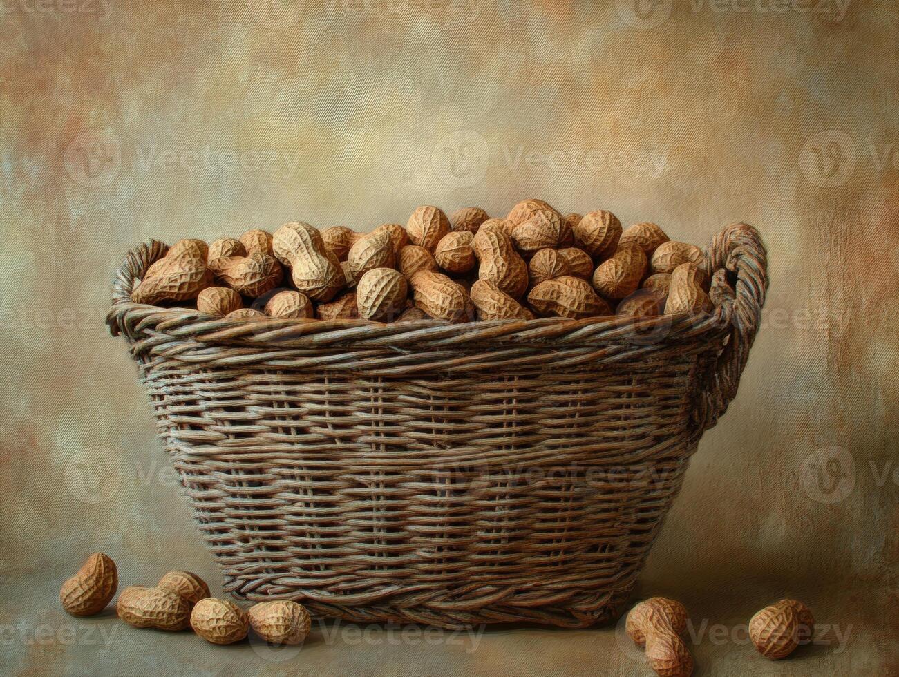Rustic basket filled with fresh peanuts on textured background photo