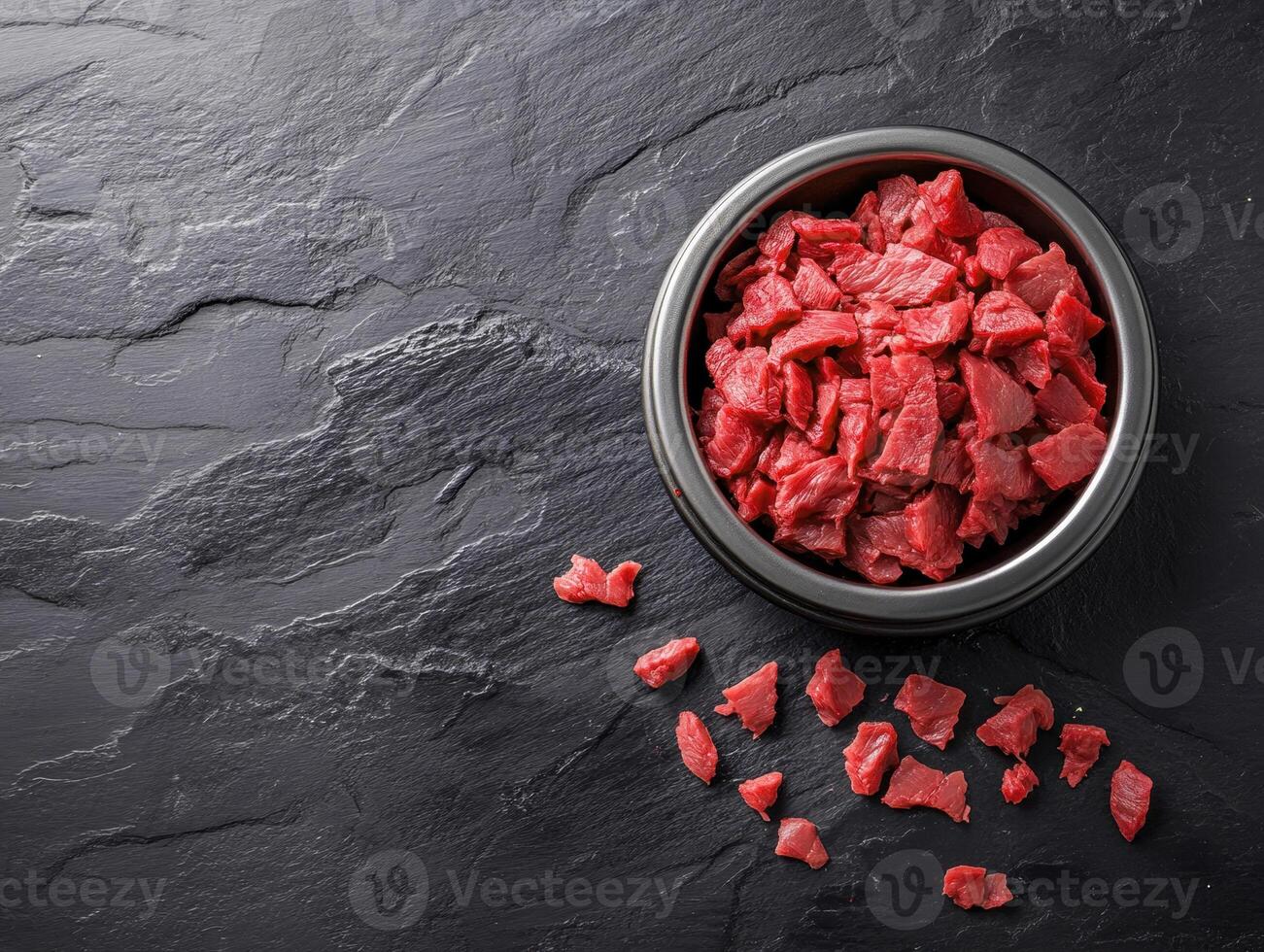Freshly chopped beef placed in a bowl on a dark surface photo