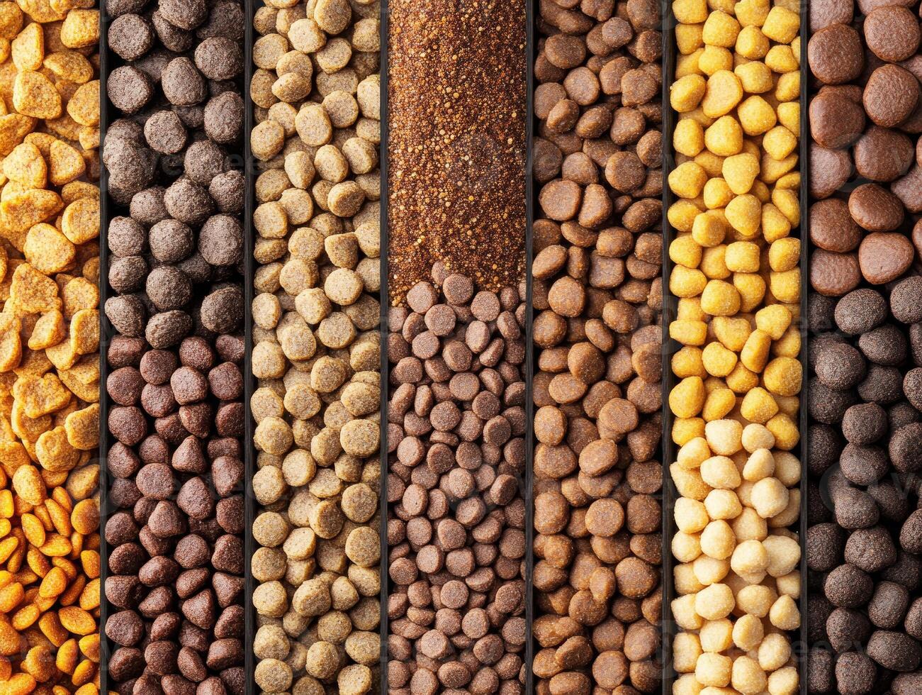 Variety of colorful pet food kibbles arranged in neat rows photo