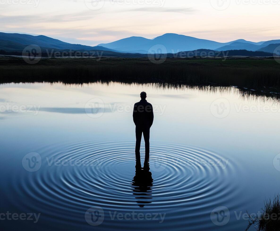 Man standing in calm water at twilight creating ripples photo