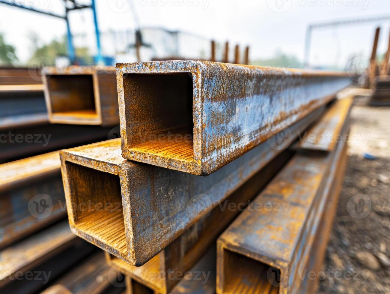 Rusty metal beams stacked at an industrial site near construction area photo