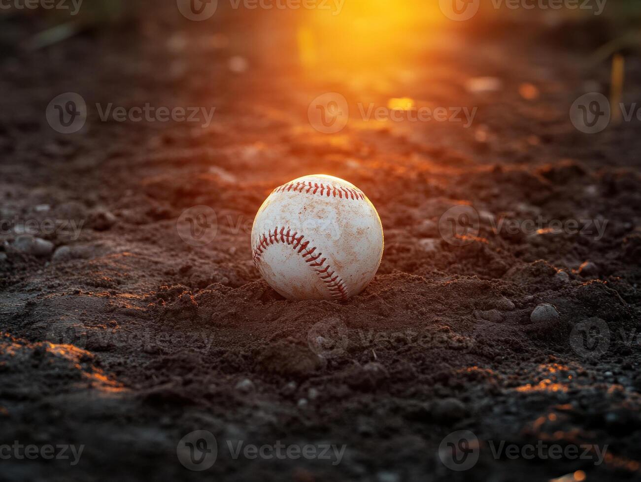 Baseball resting on dirt during a sunset in a quiet field photo