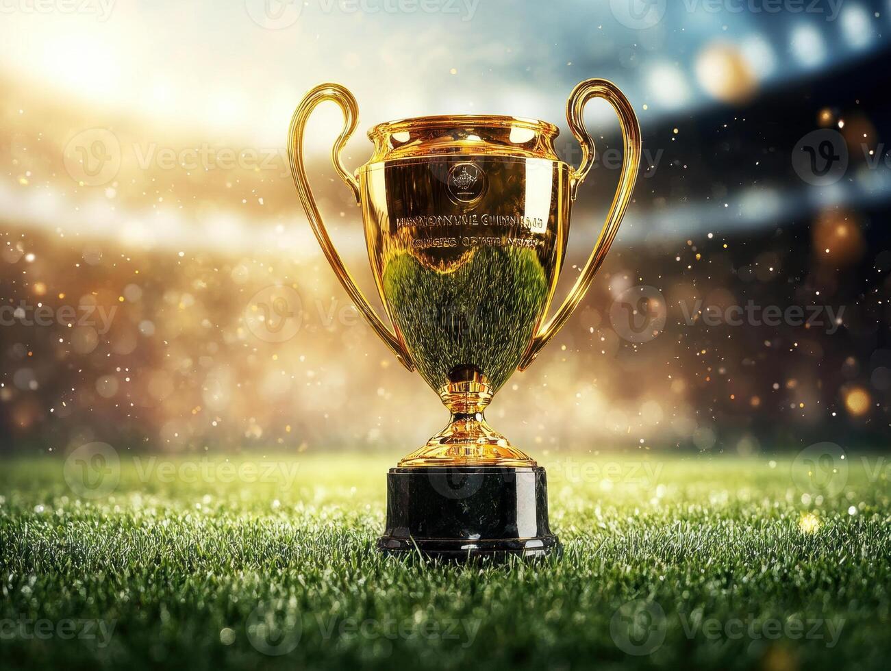 Golden trophy shining on the soccer field before an exciting match photo