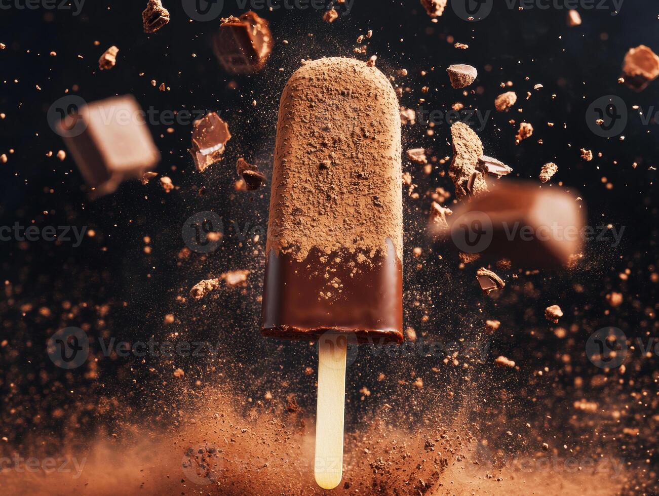 Chocolate ice cream bar surrounded by flying chocolate pieces photo