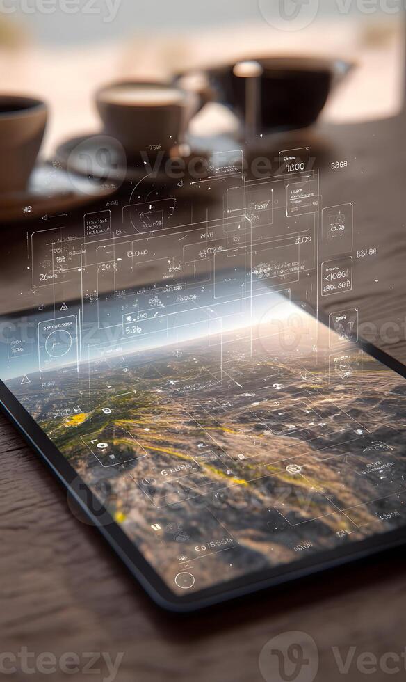 Interactive digital display showing landscape data analysis on a tablet device photo
