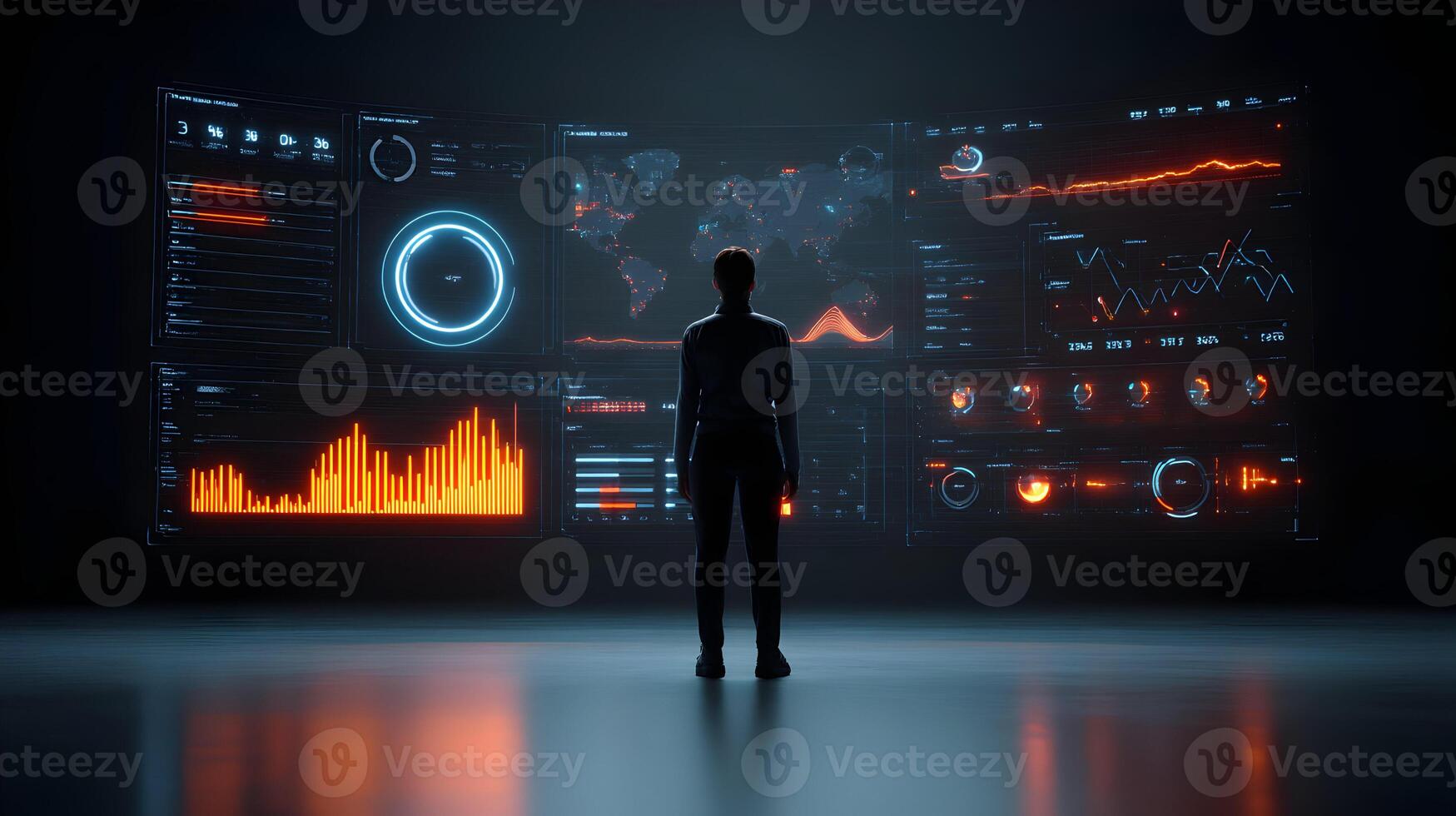 Woman stands before advanced data visualization monitors, analyzing information flow, business solutions photo