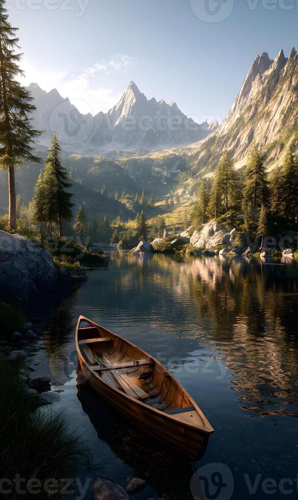 Peaceful mountain lake with a small wooden boat in the foreground on a quiet morning photo