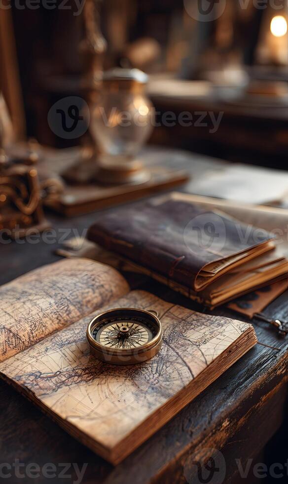 Antique world map book with compass resting on its pages showcases exploration and discovery photo