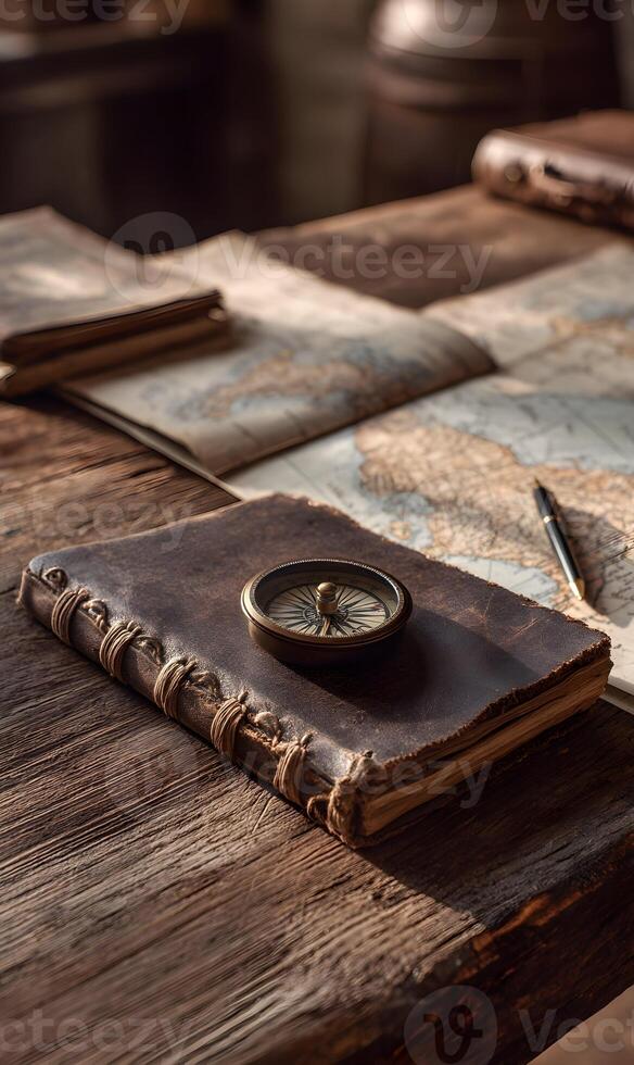 Vintage journey a compass rests on a weathered journal atop an aged map adventure awaits photo
