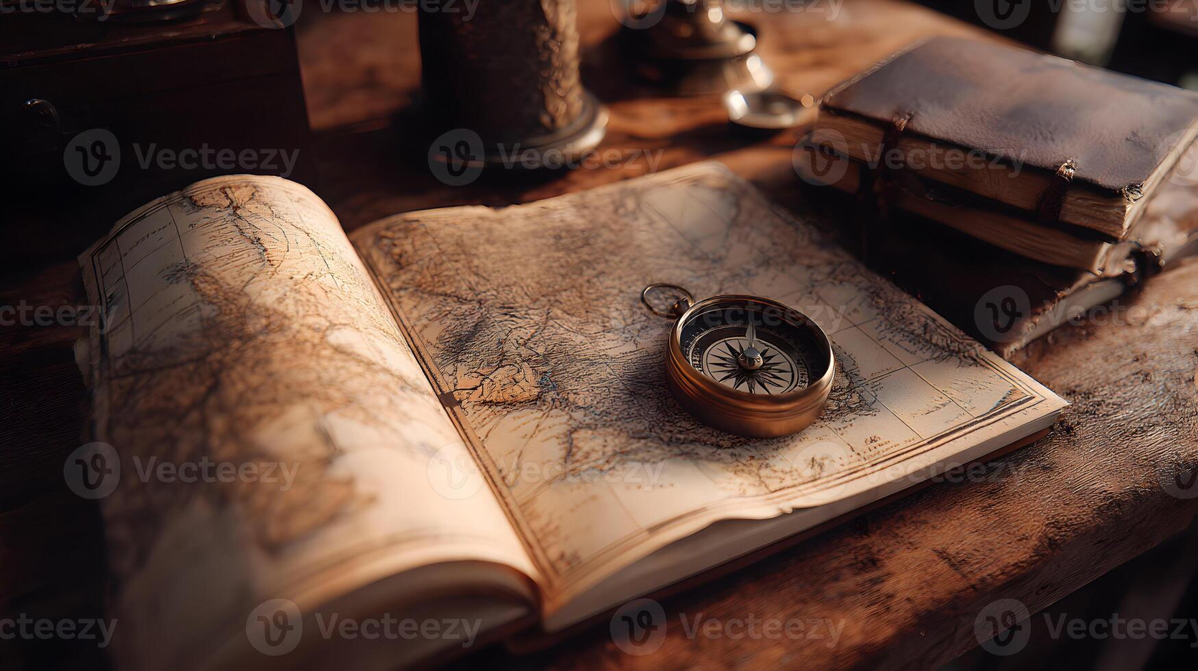 Vintage map and compass create a sense of exploration and adventure ready to chart the world photo