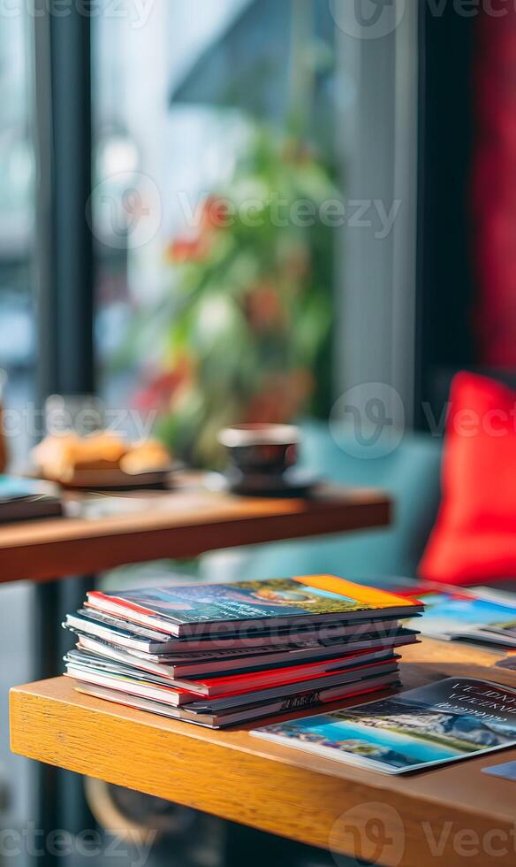Stacks of travel brochures grace a cafe table near a window on a bright sunny morning photo