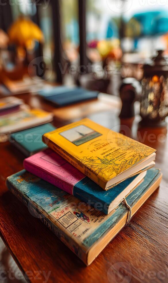A stack of vintage books on a wooden table evokes a sense of literary charm and nostalgia photo