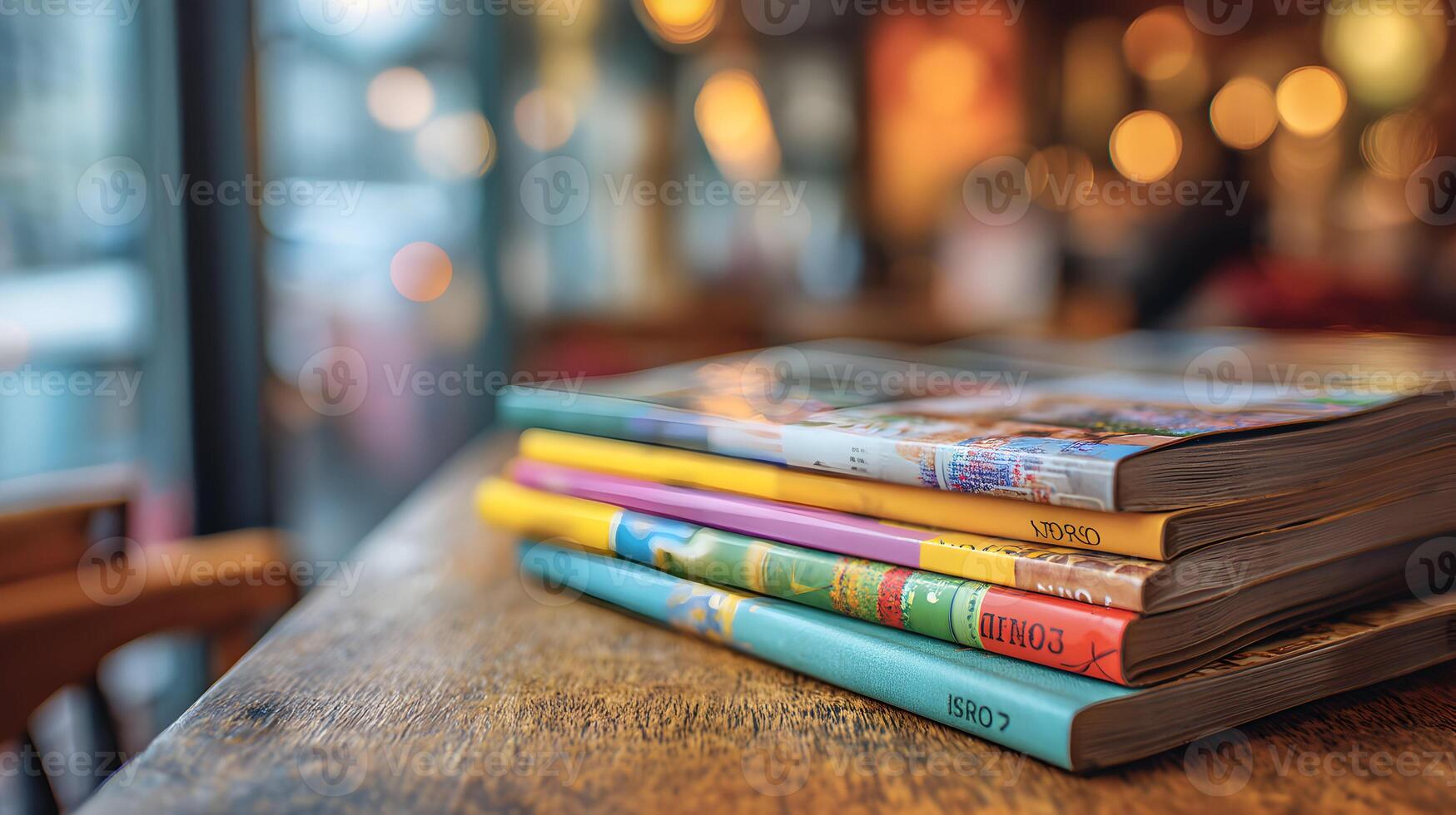 Stacked magazines sit peacefully on a wooden table in a cafe, beckoning readers to explore their pages photo