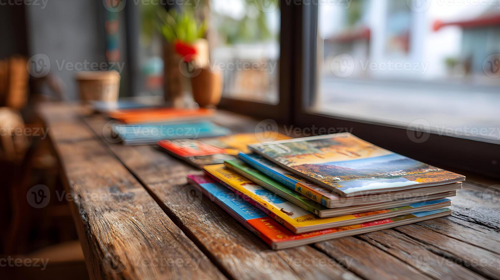 Stack of travel brochures sitting on a rustic wooden table near a window creating a cozy atmosphere photo