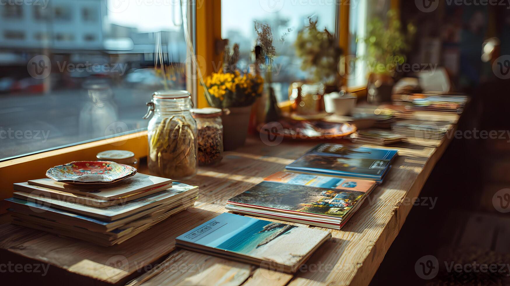 Sunlit workspace showcasing stacks of booklets alongside vintage jars and delicate tableware photo