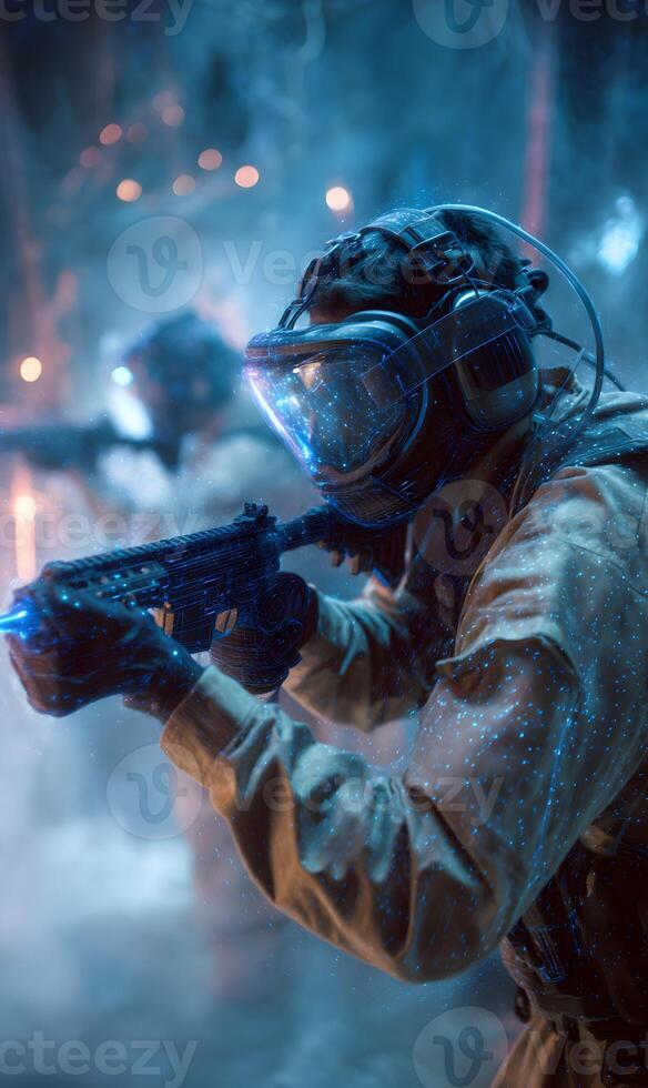 Futuristic soldier in action aiming with high tech weapon amidst a smoky battlefield scene photo